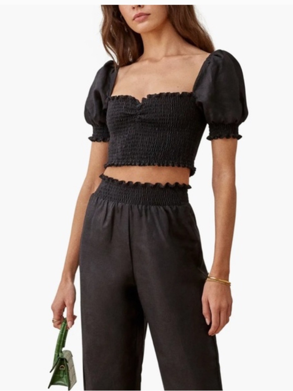 Reformation Black Mora Linen Smocked Crop Top